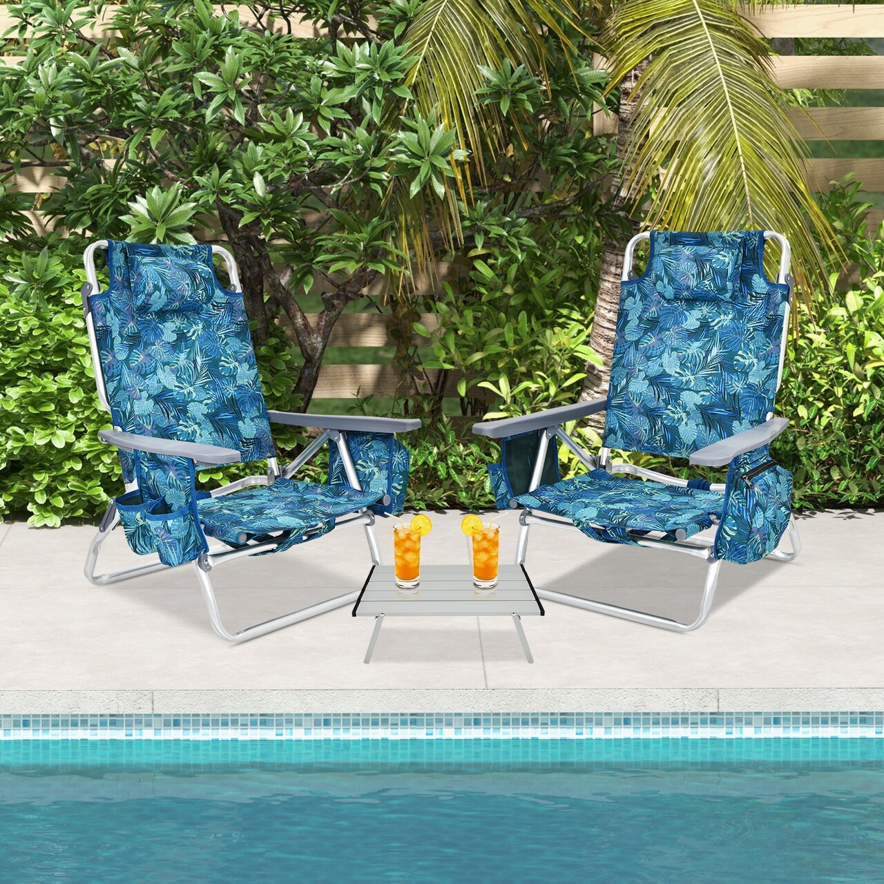 2 Packs 5-Position Outdoor Folding Backpack Beach Table Chair Reclining Chair Set